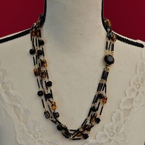 Vintage 1970s Black and Tortoise Glass Beaded Multi-strand Necklace